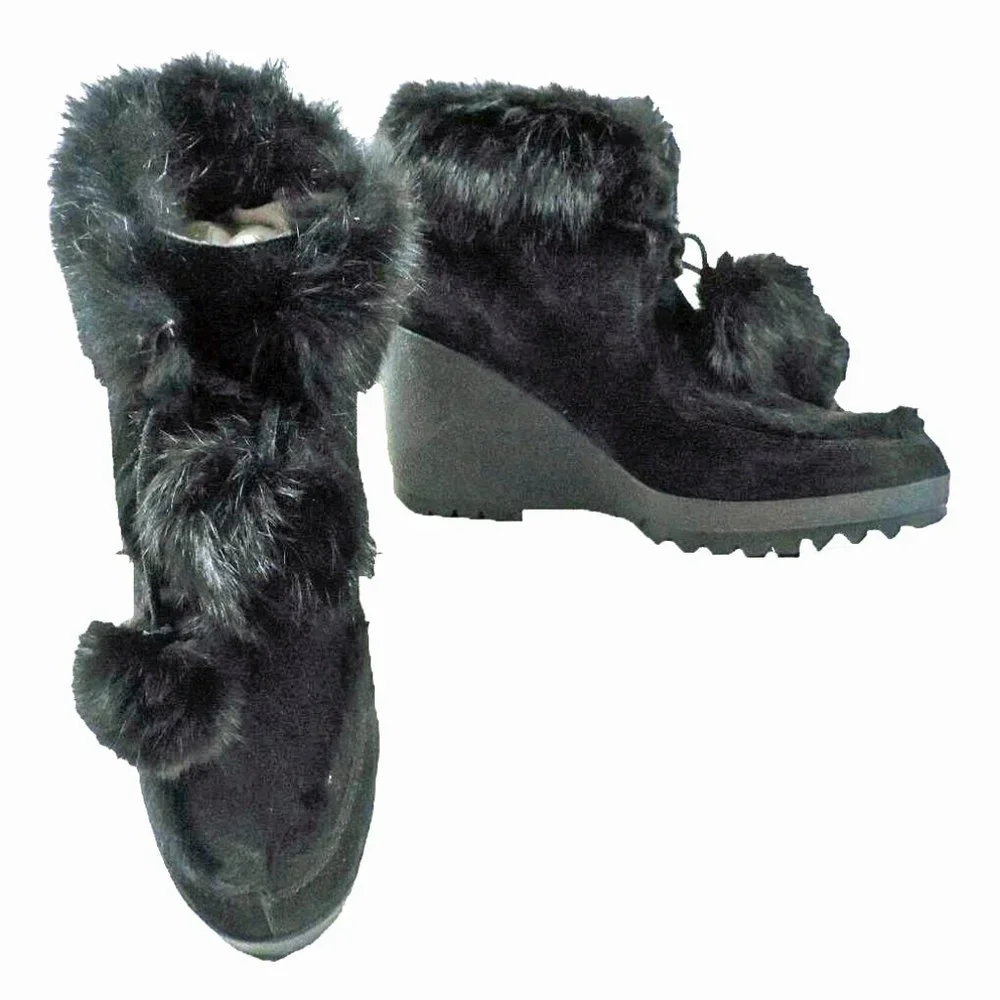COACH Kataya Black Suede Rabbit Fur Trim Lace Up‎ Wedge Booties